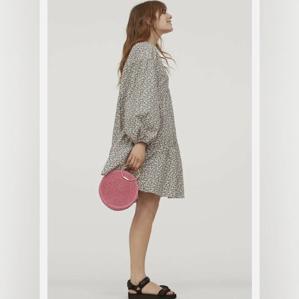 H&M Conscious Floral A-LINE COTTON Dress Floral Puff Sleeve size small - Picture 3 of 9